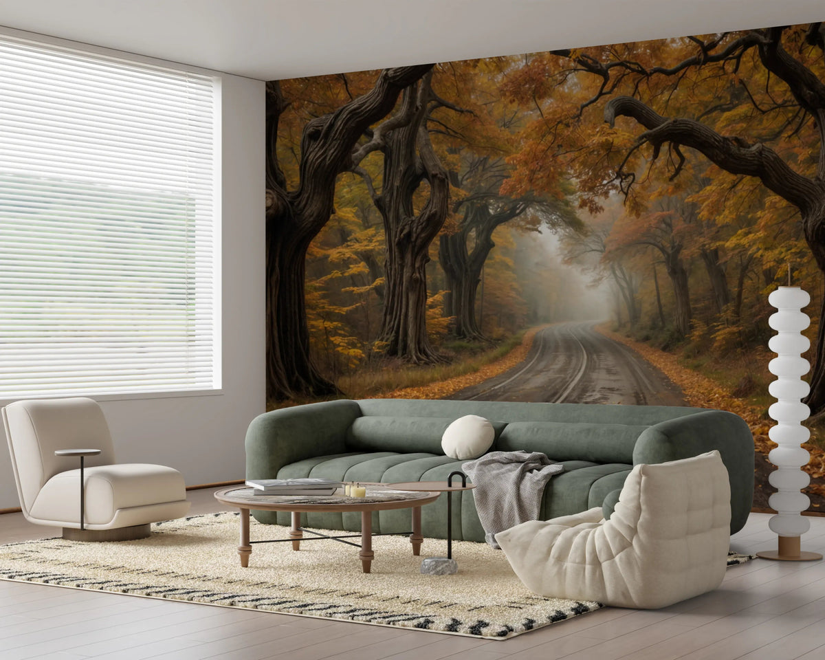 Modern living room featuring Autumn Road Canopy wall mural in orange tones., GD7997