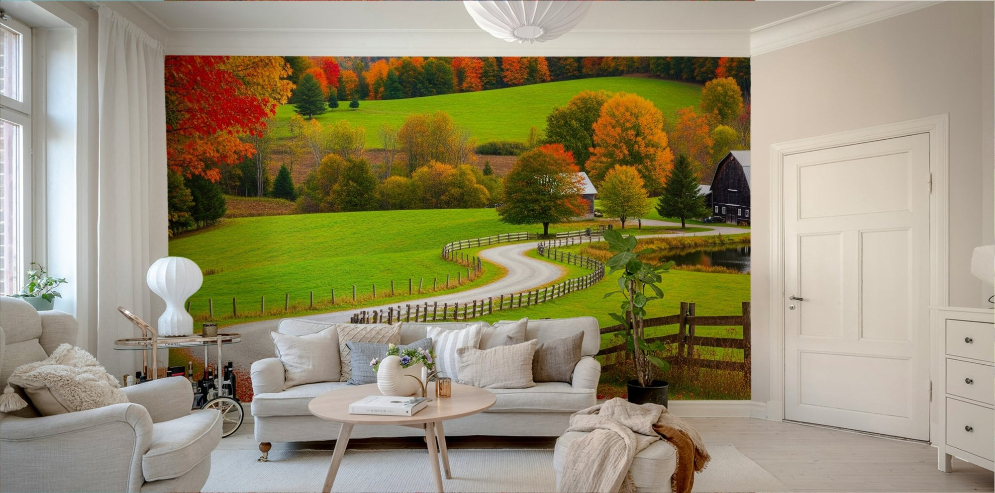 A peaceful wall mural with a charming autumn road scene. GD4199

