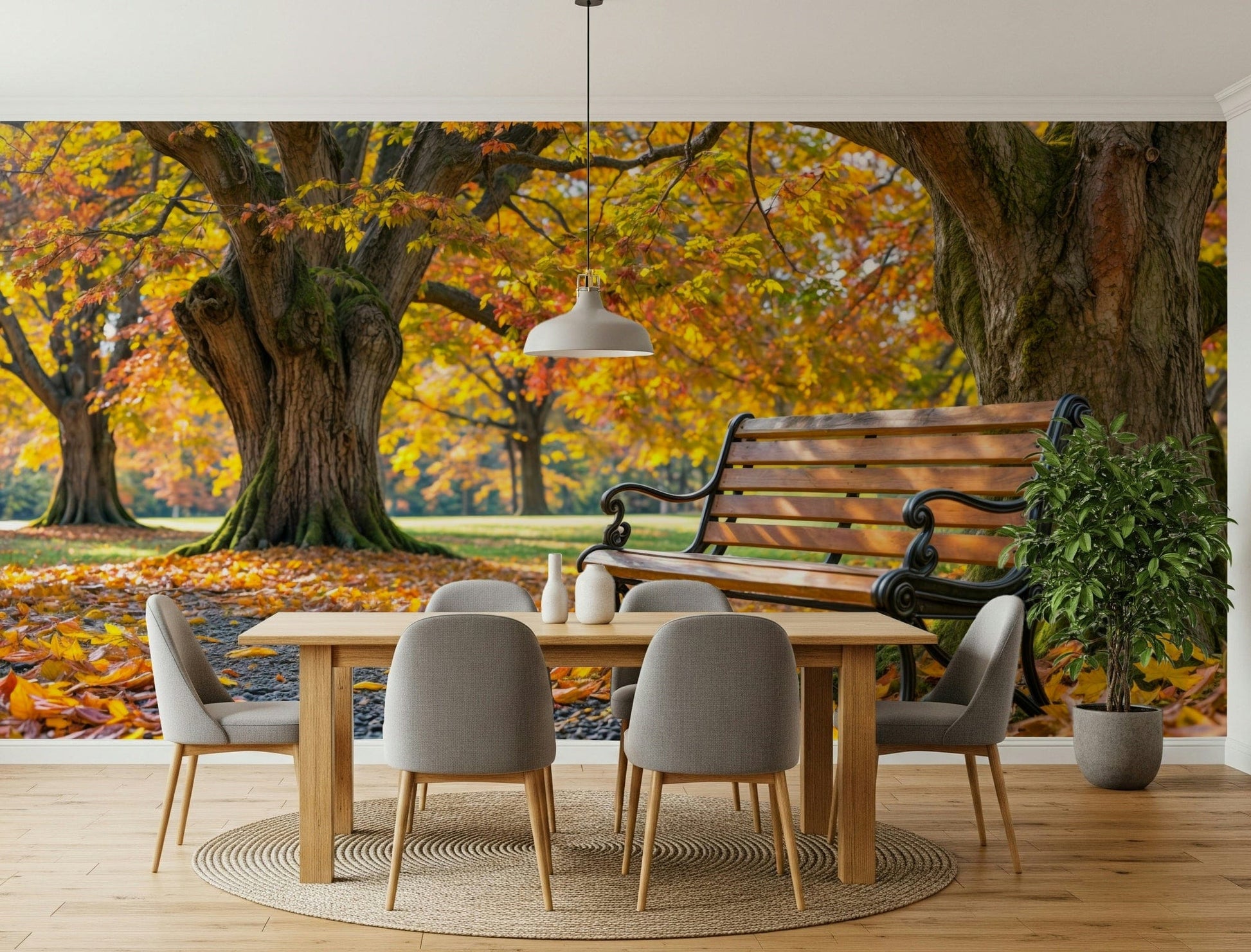 Nature inspired wallpaper with falling leaves for a lounge.