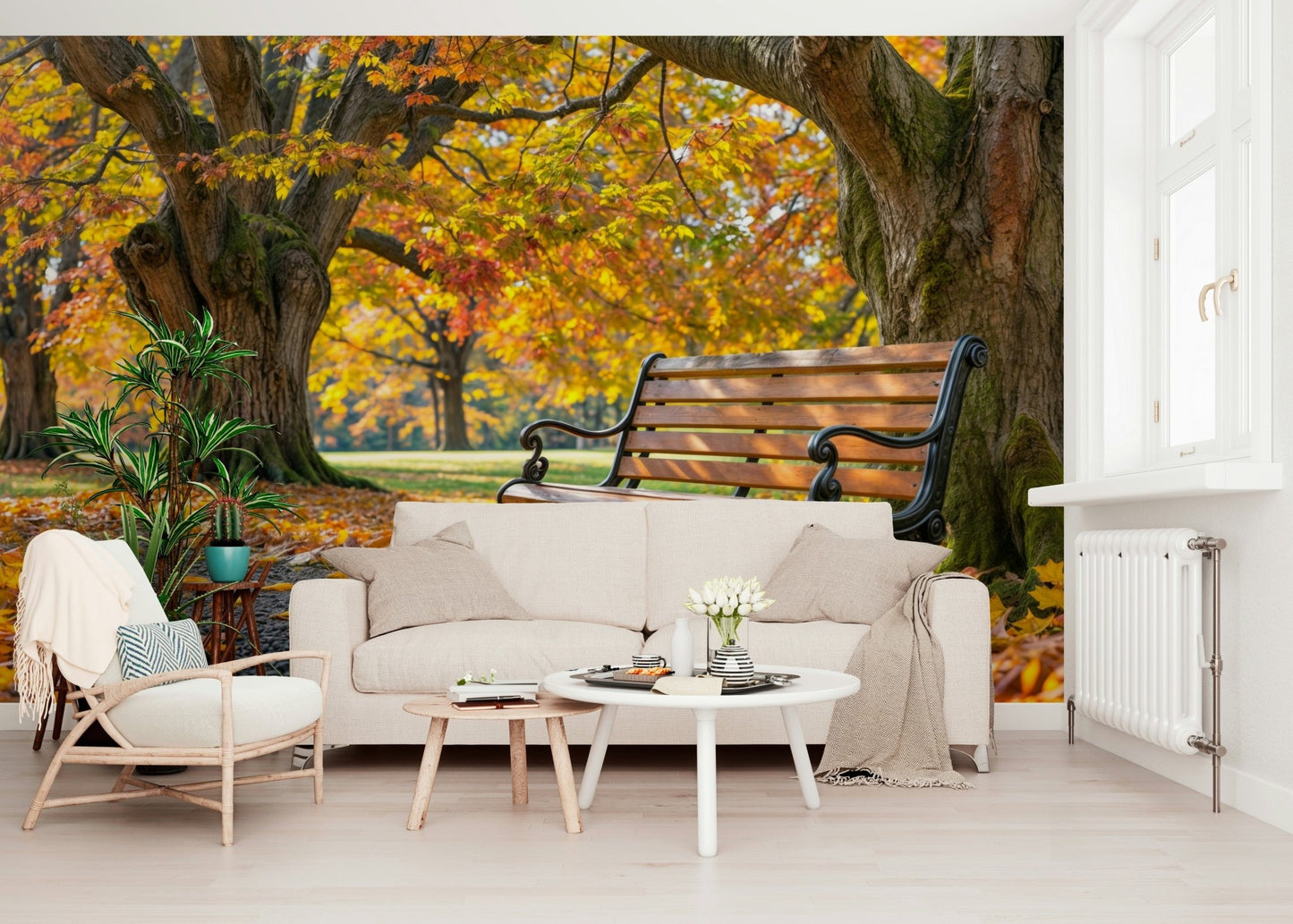 Autumn Serenity wall mural in a warm living room setting.