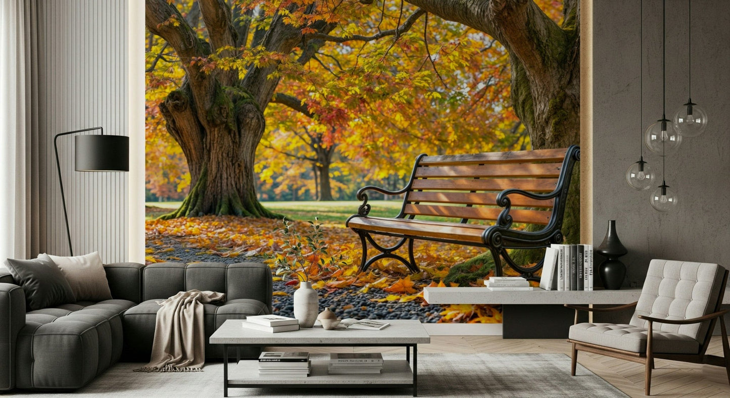 Orange forest wallpaper for a peaceful bedroom feature wall.