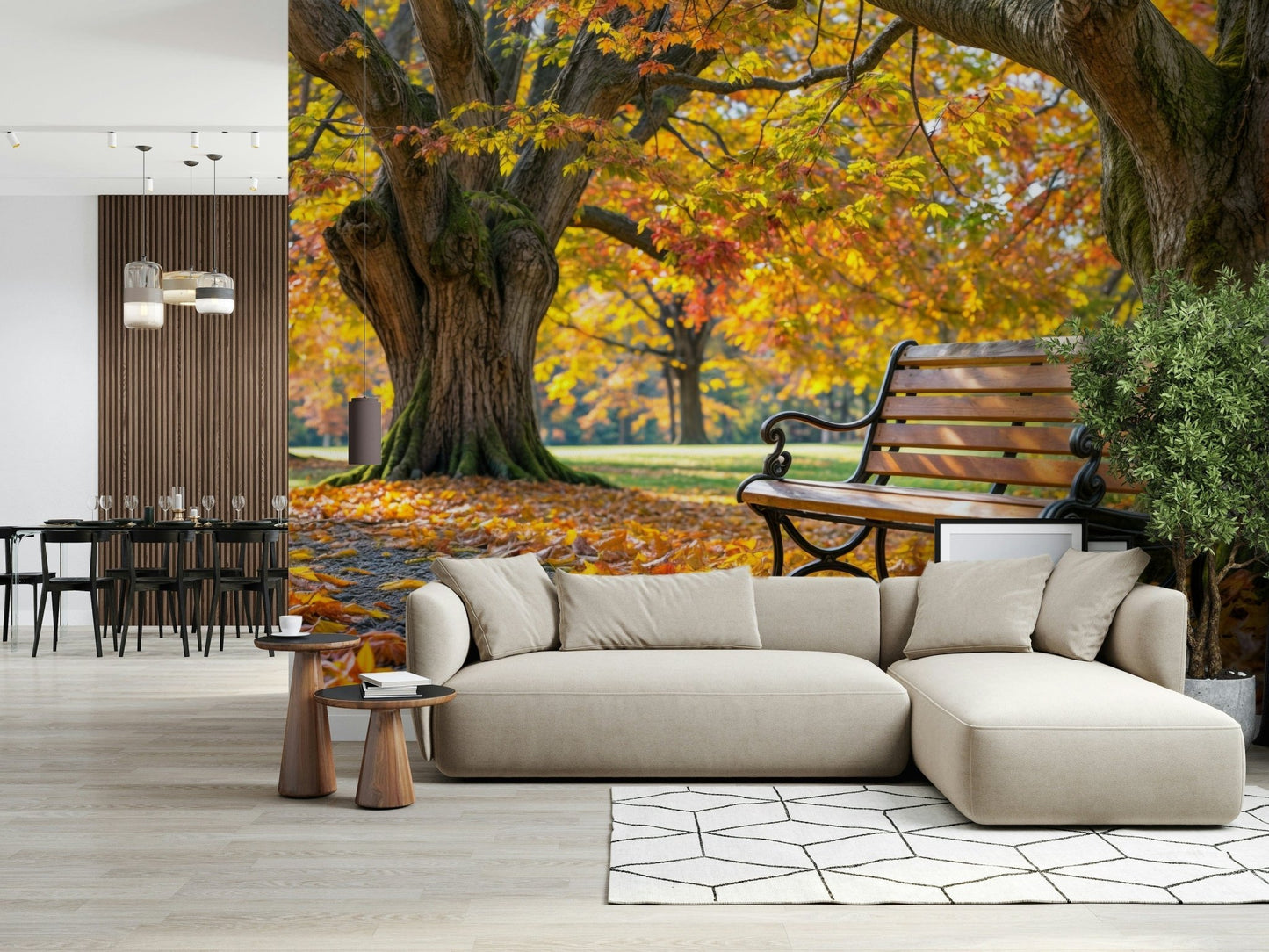 Autumn Serenity wall mural behind a brown leather sofa.