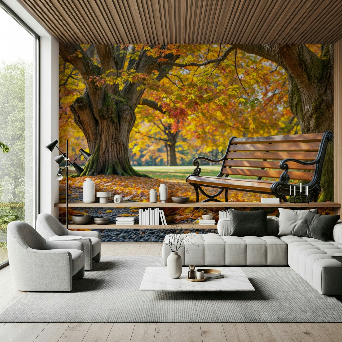 Rustic forest scene wall mural for a guest room décor.