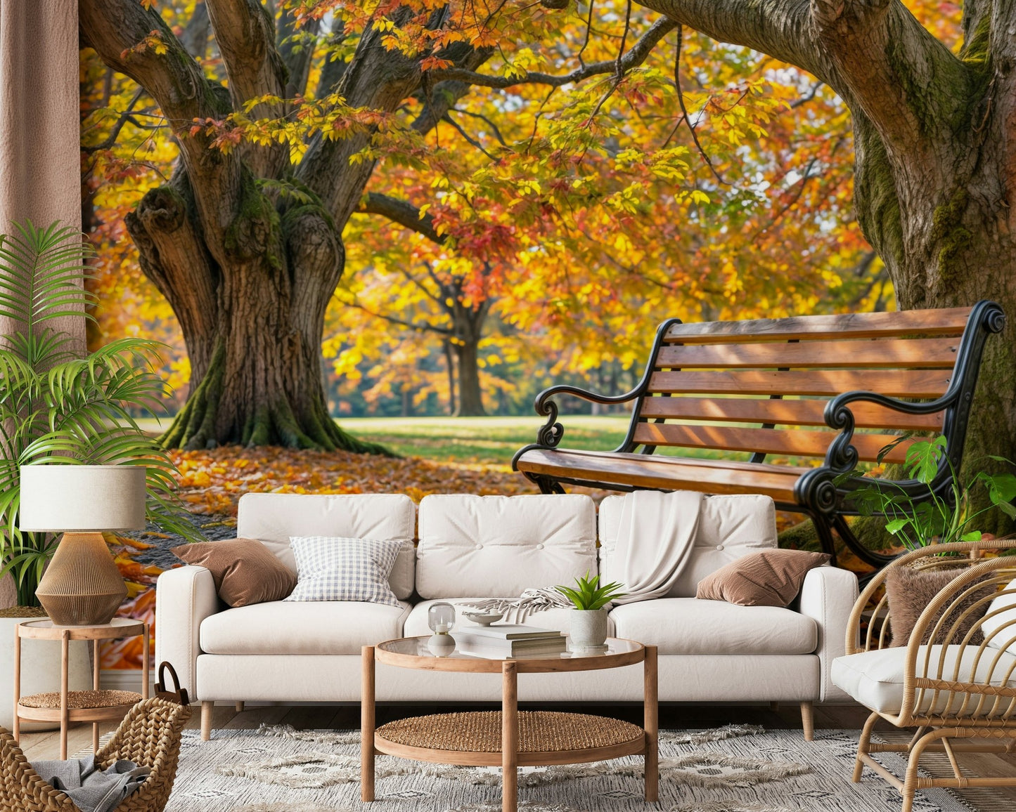 Scenic woodland wall mural for a contemporary dining area.