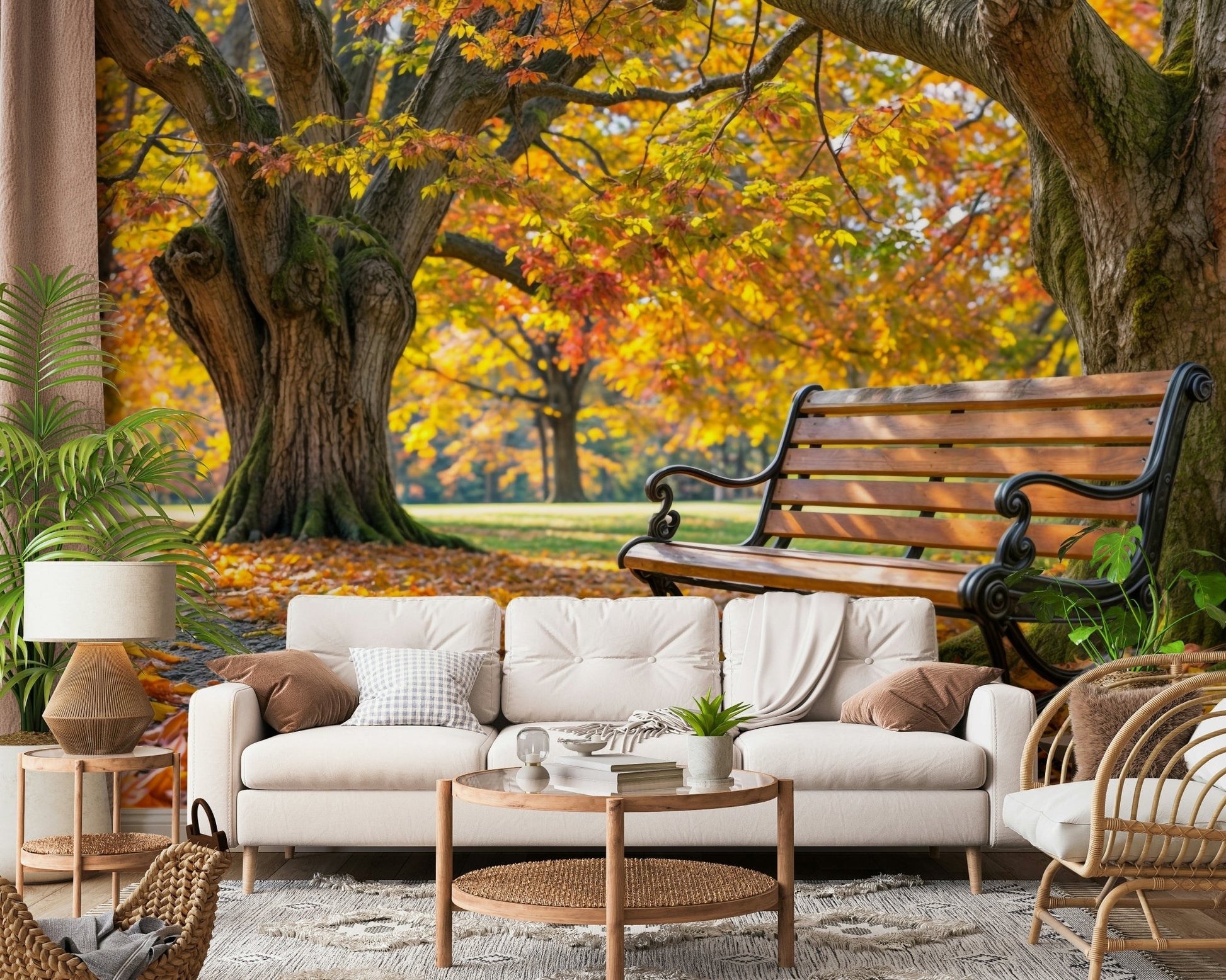 Scenic woodland wall mural for a contemporary dining area.