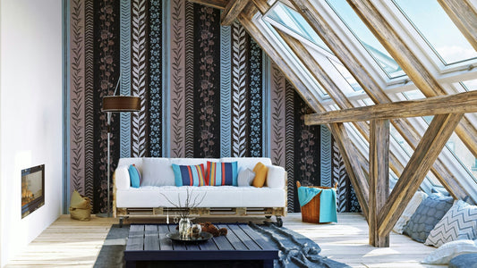 Design featuring abstract fern leaves and floral patterns.

