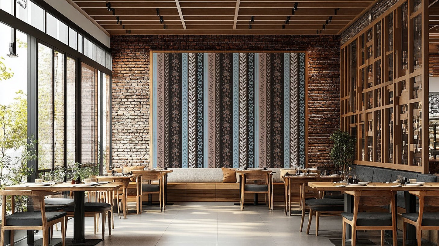 Wallpaper with various vertical stripes and different textures.

