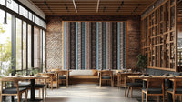 Wallpaper with various vertical stripes and different textures.

