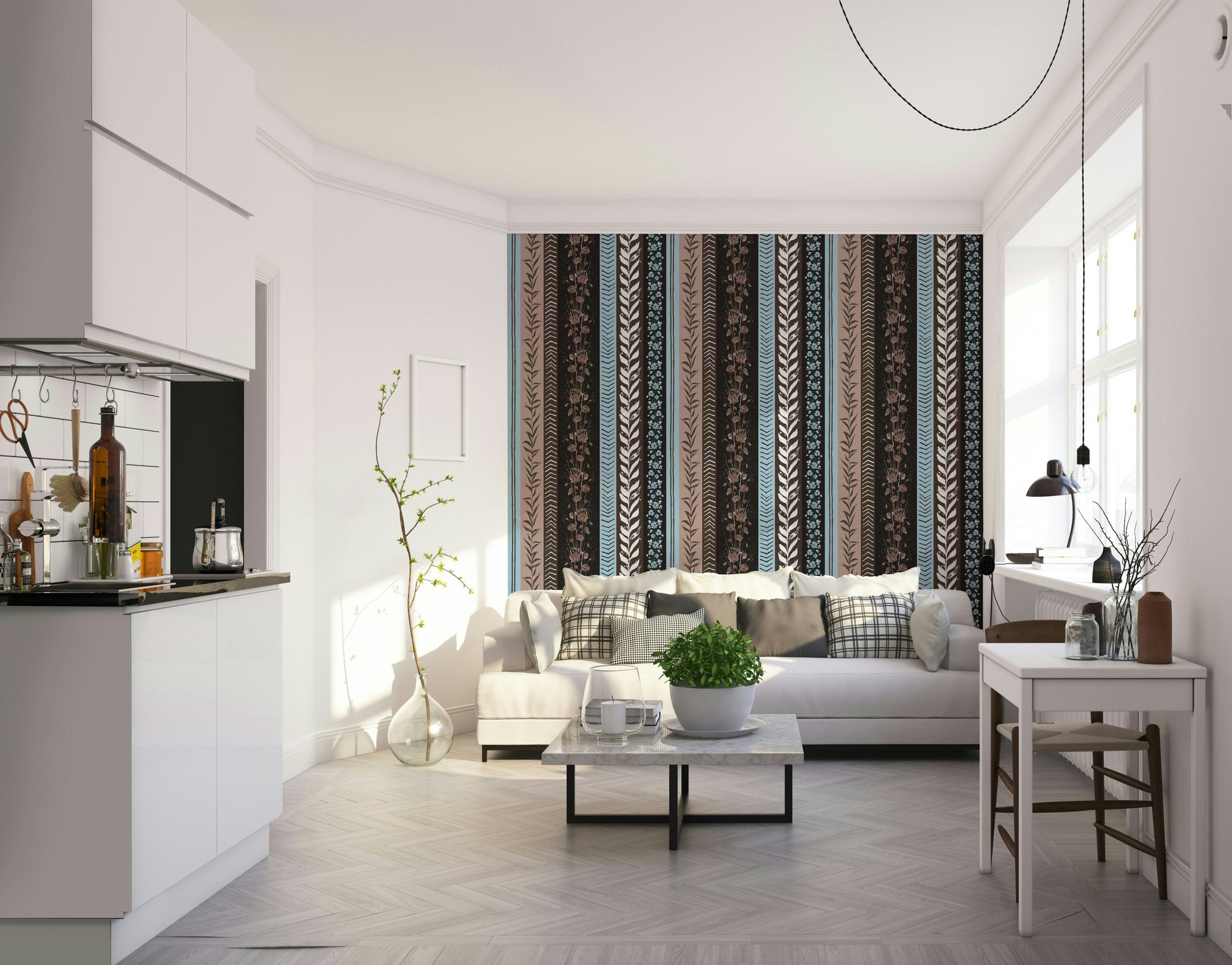 Design with a blend of light blue, brown, and dark backgrounds.

