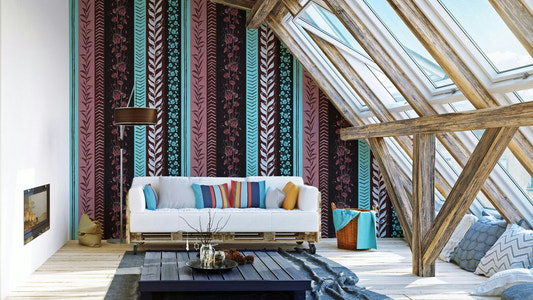 Design featuring abstract floral, branch, and chevron patterns.

