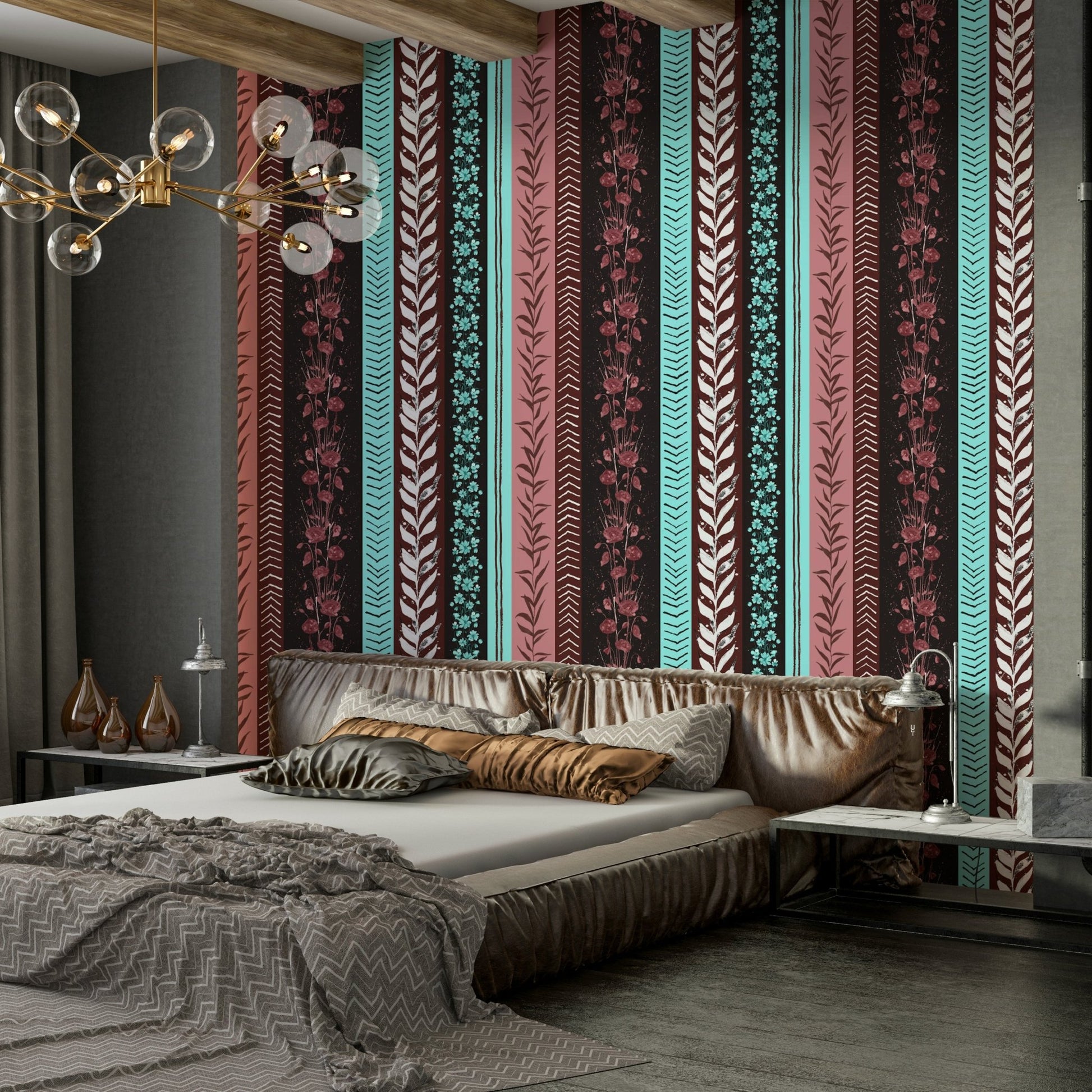 Seamless striped wallpaper with a mix of red, turquoise, and black.


