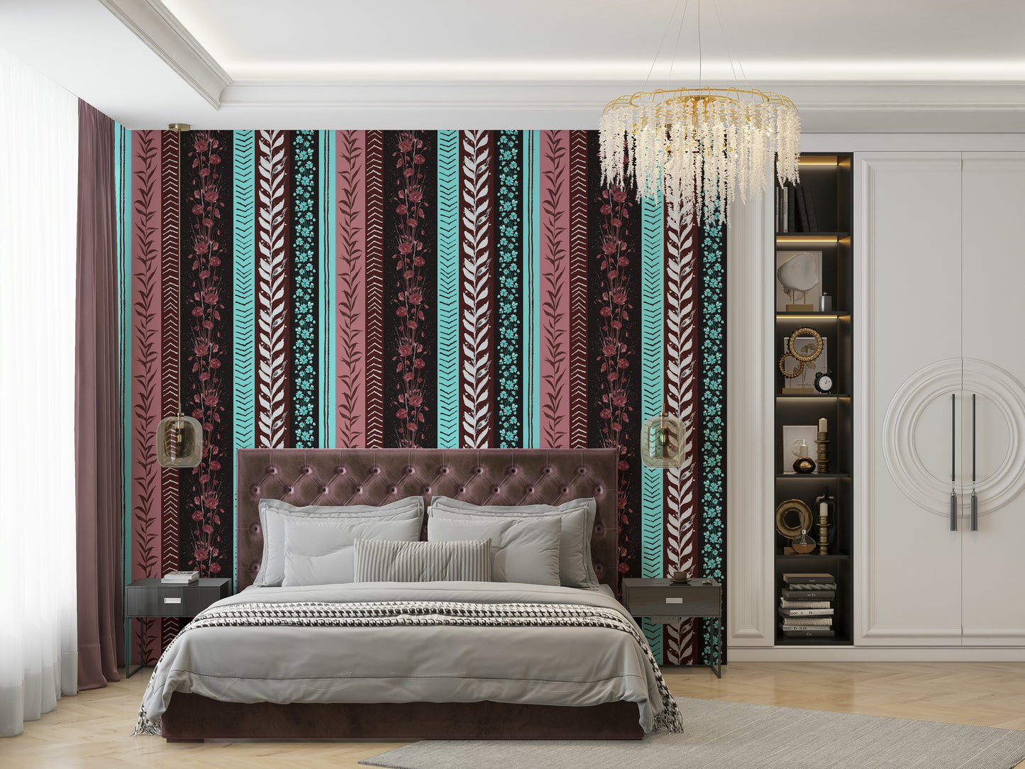 Design with a blend of light turquoise, maroon, and dark backgrounds.


