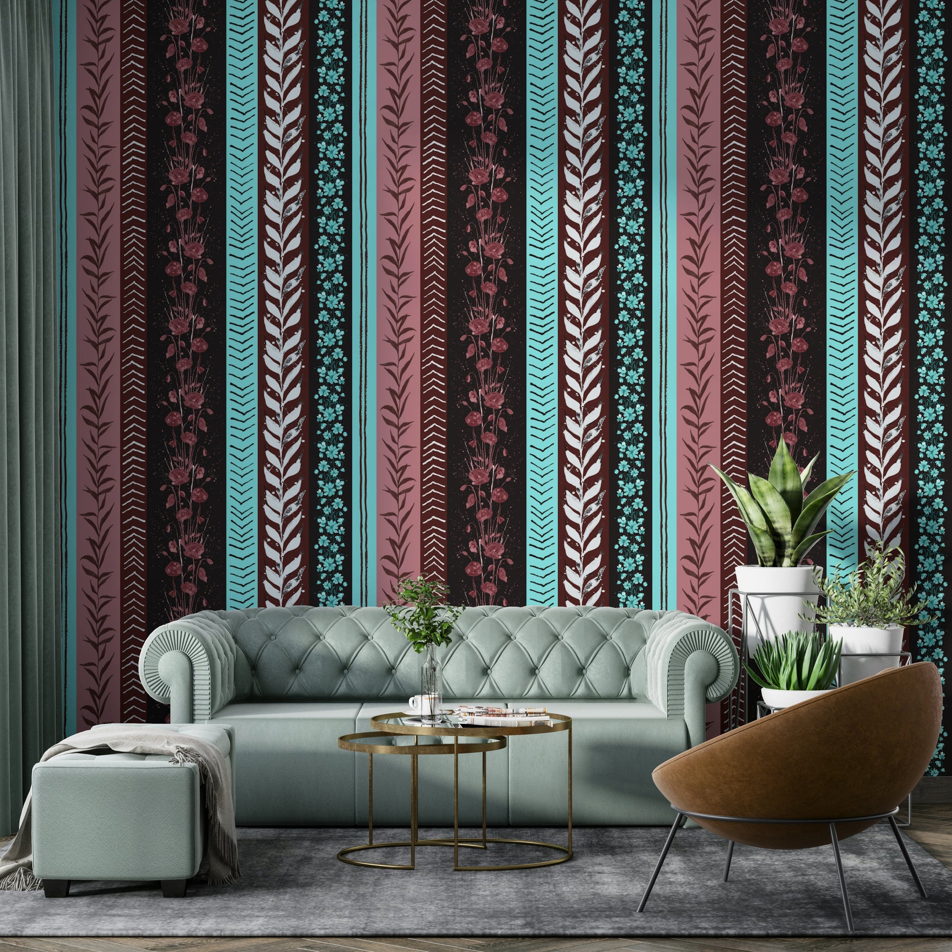 Wallpaper with a mix of natural and contemporary motifs.

