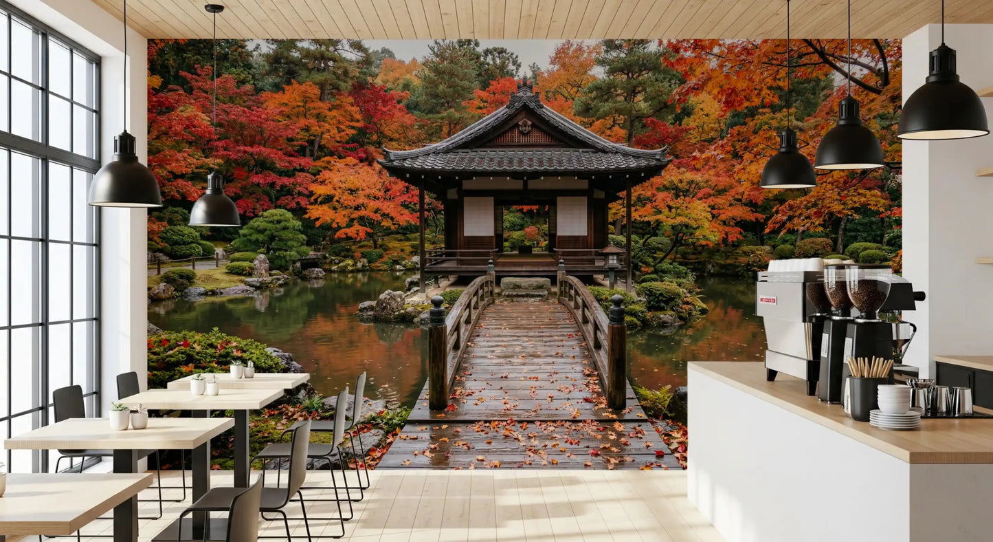 Autumn Temple Calm Wall Mural warming a compact Café nook by tall windows
