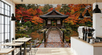 Autumn Temple Calm Wall Mural warming a compact Café nook by tall windows
