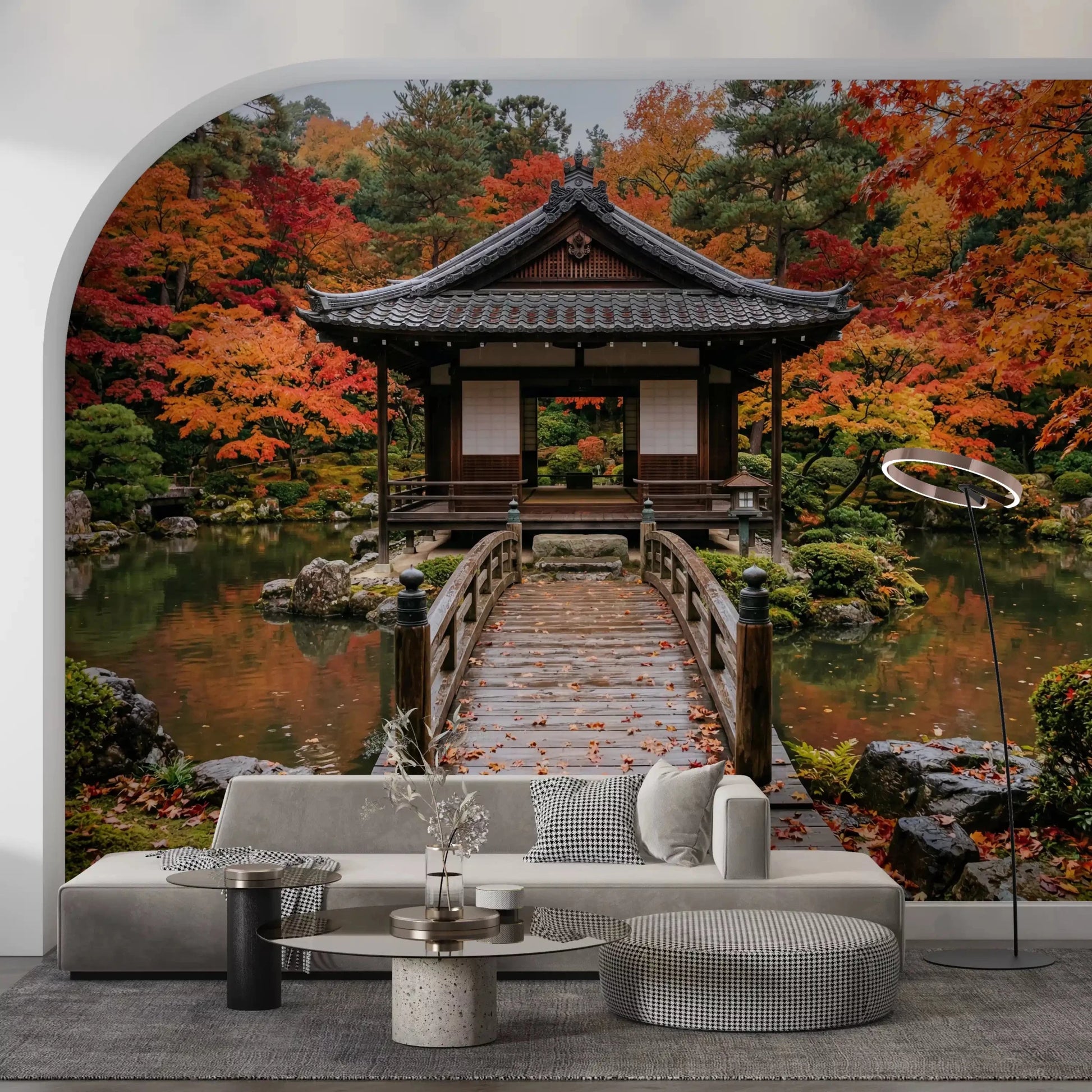 Autumn Temple Calm Wall Mural beside stone accents in a soft living room
