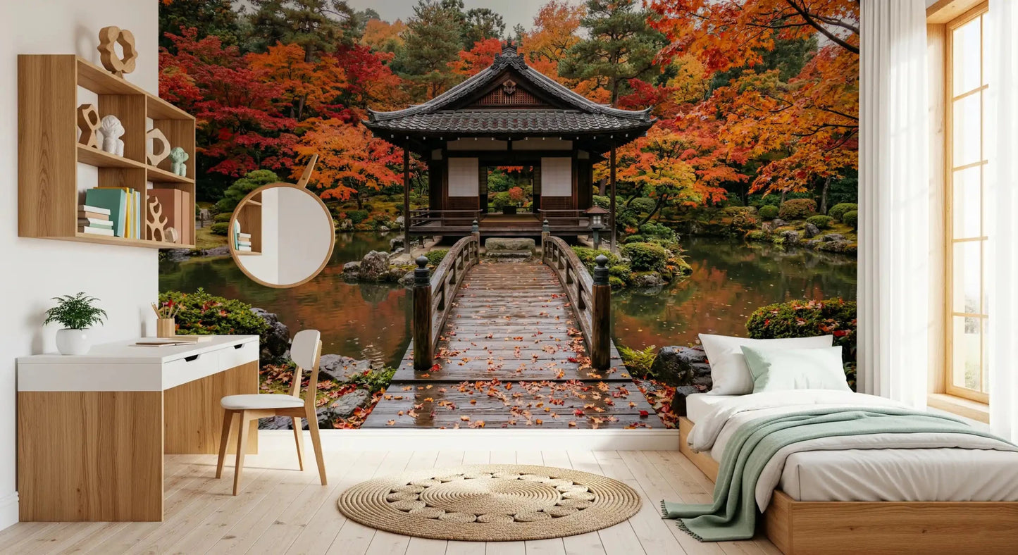 Autumn Temple Calm Wall Mural framed by wide windows in a relaxed bedroom