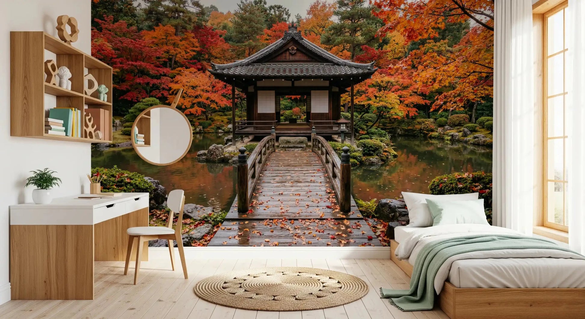 Autumn Temple Calm Wall Mural framed by wide windows in a relaxed bedroom