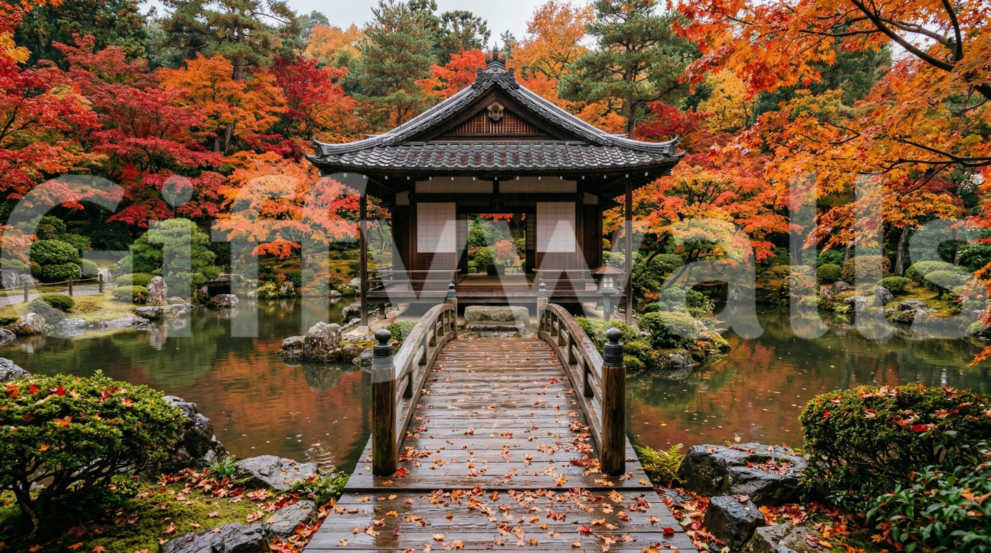 Fall foliage surrounds Autumn Temple Calm Wall Mural with a still reflective pond