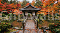 Fall foliage surrounds Autumn Temple Calm Wall Mural with a still reflective pond