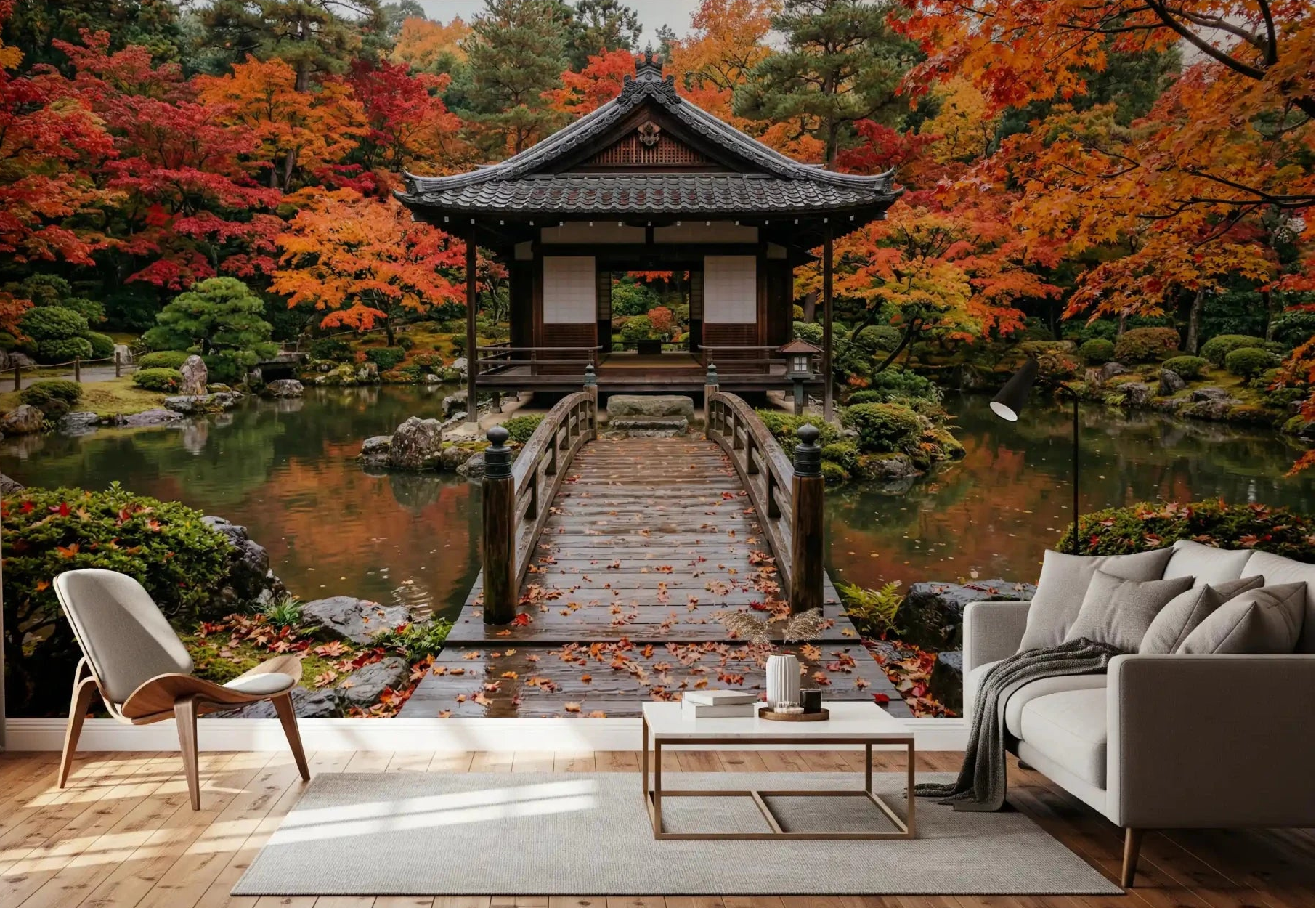 Autumn Temple Calm Wall Mural in a bright living room with a cream sofa