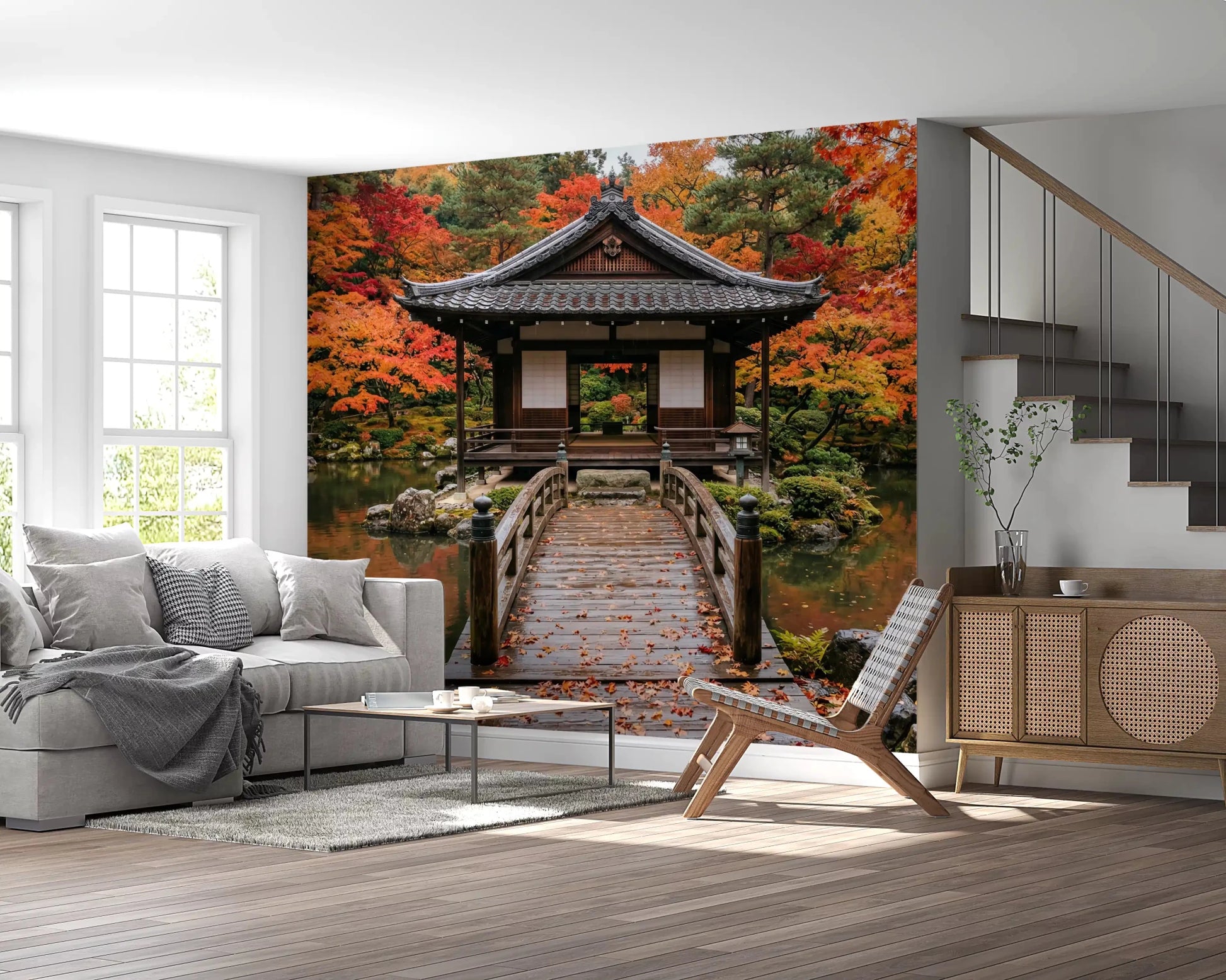 Grey lounge arranged around Autumn Temple Calm Wall Mural and soft curtains