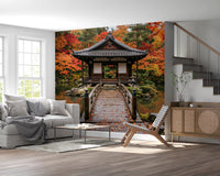 Grey lounge arranged around Autumn Temple Calm Wall Mural and soft curtains
