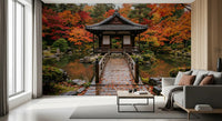 Minimal lounge styled with Autumn Temple Calm Wall Mural above a low sofa