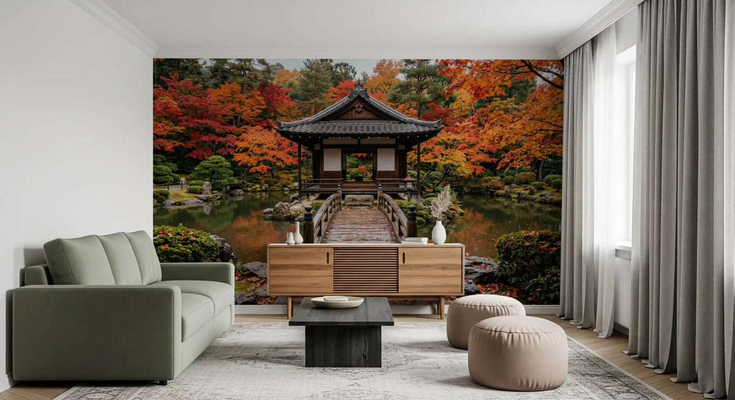 Autumn Temple Calm Wall Mural above a low console in a calm modern room