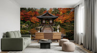 Autumn Temple Calm Wall Mural above a low console in a calm modern room