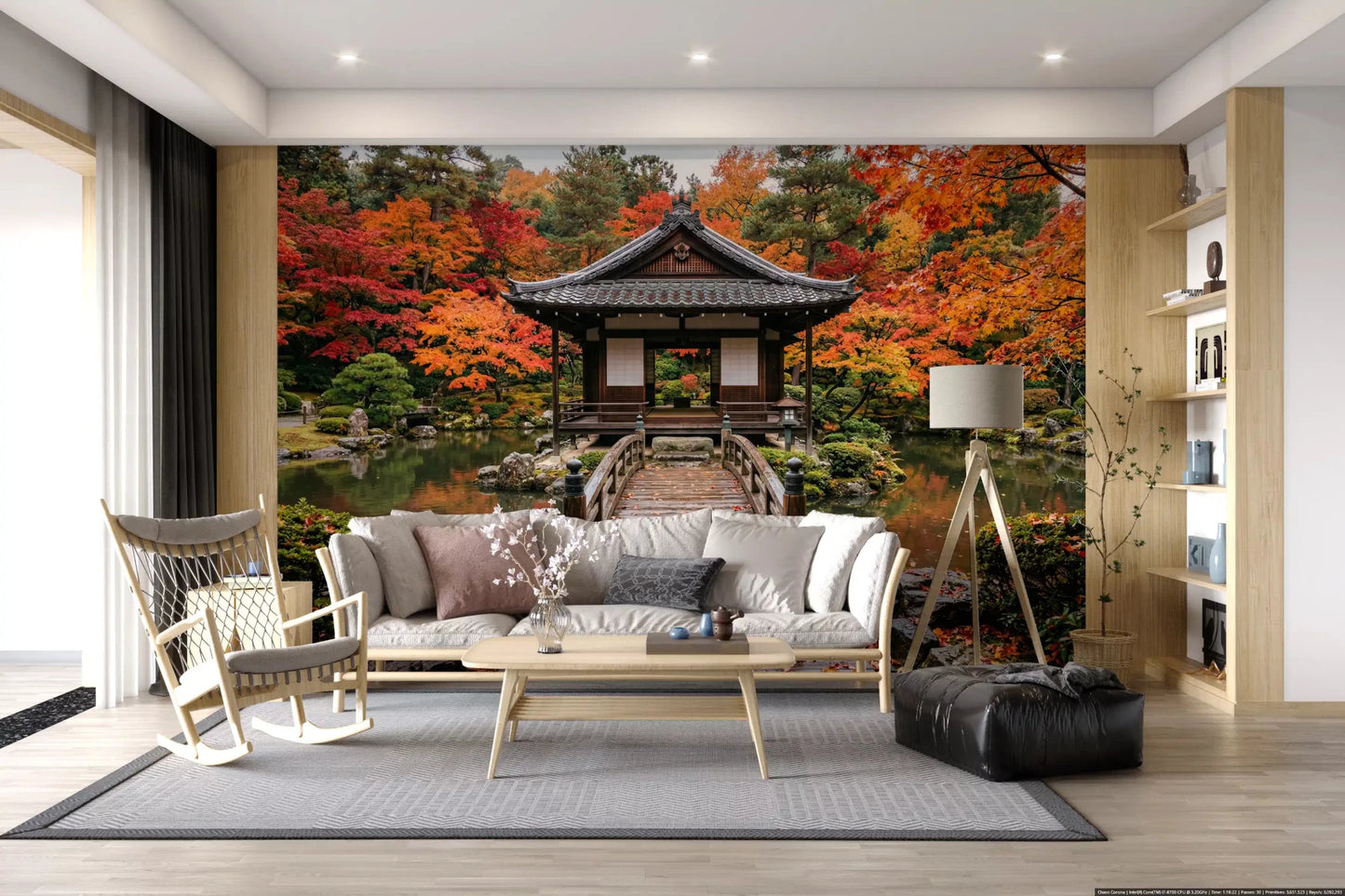 Sunlit sitting area featuring Autumn Temple Calm Wall Mural and pale armchairs