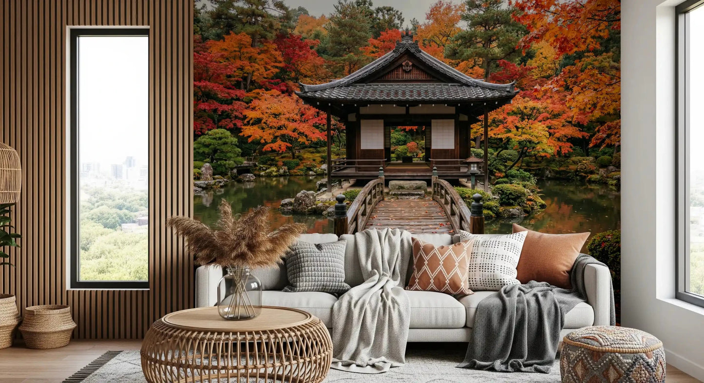 Cozy Living layered with Autumn Temple Calm Wall Mural and neutral bedding