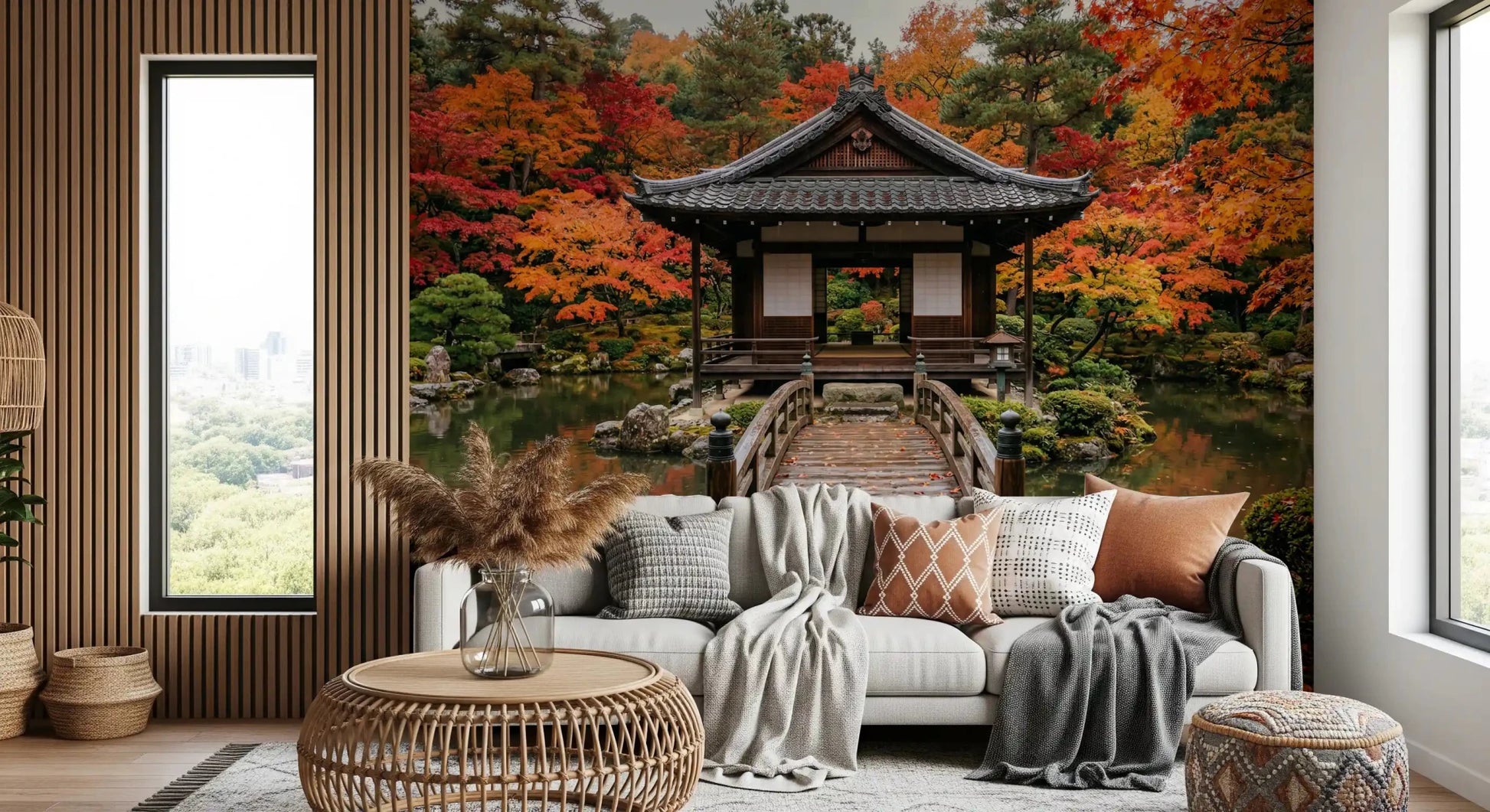 Cozy Living layered with Autumn Temple Calm Wall Mural and neutral bedding