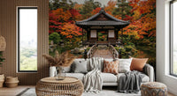 Cozy Living layered with Autumn Temple Calm Wall Mural and neutral bedding