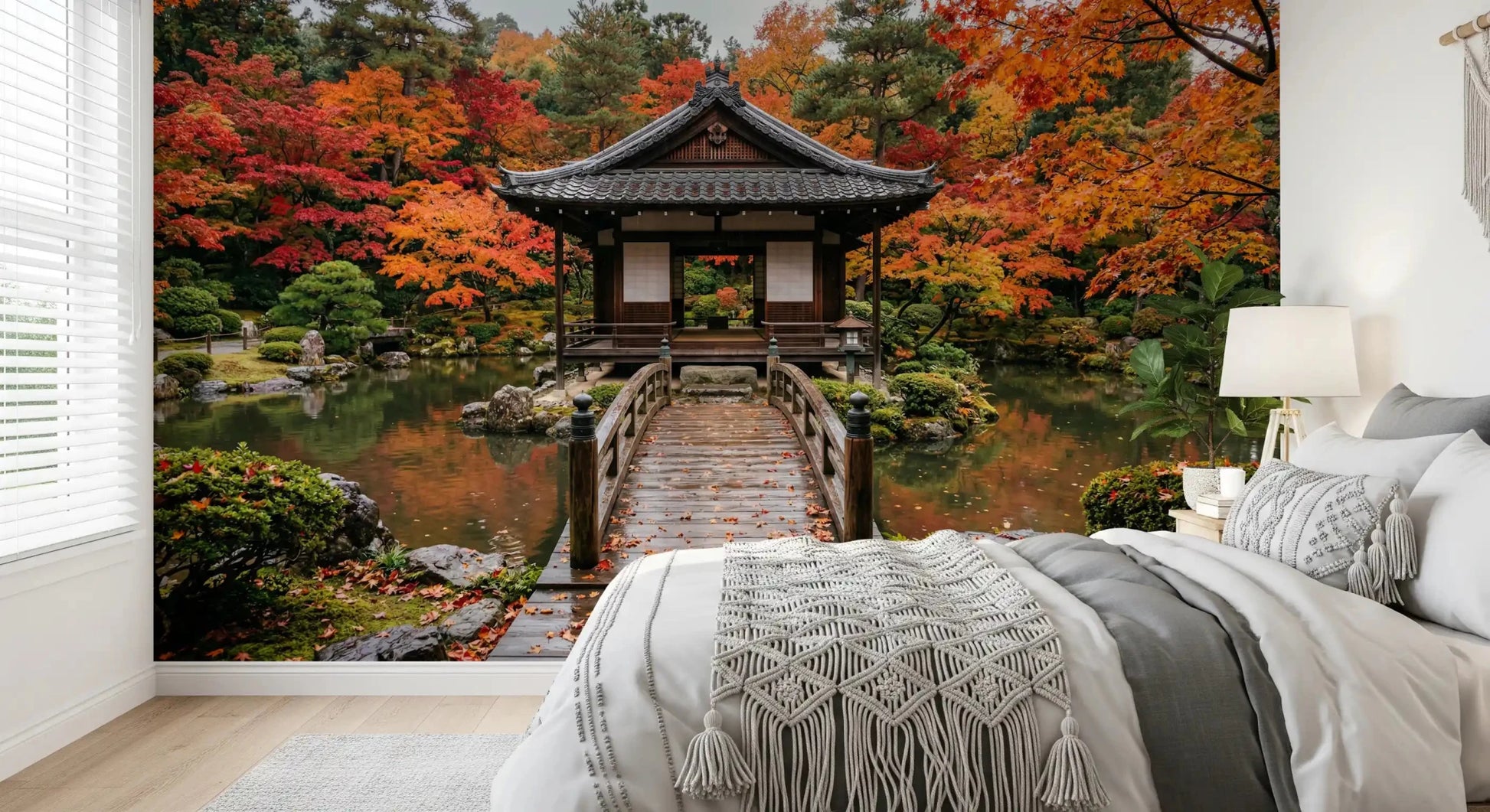 Autumn Temple Calm Wall Mural placed behind the bed in a serene bedroom