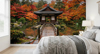 Autumn Temple Calm Wall Mural placed behind the bed in a serene bedroom