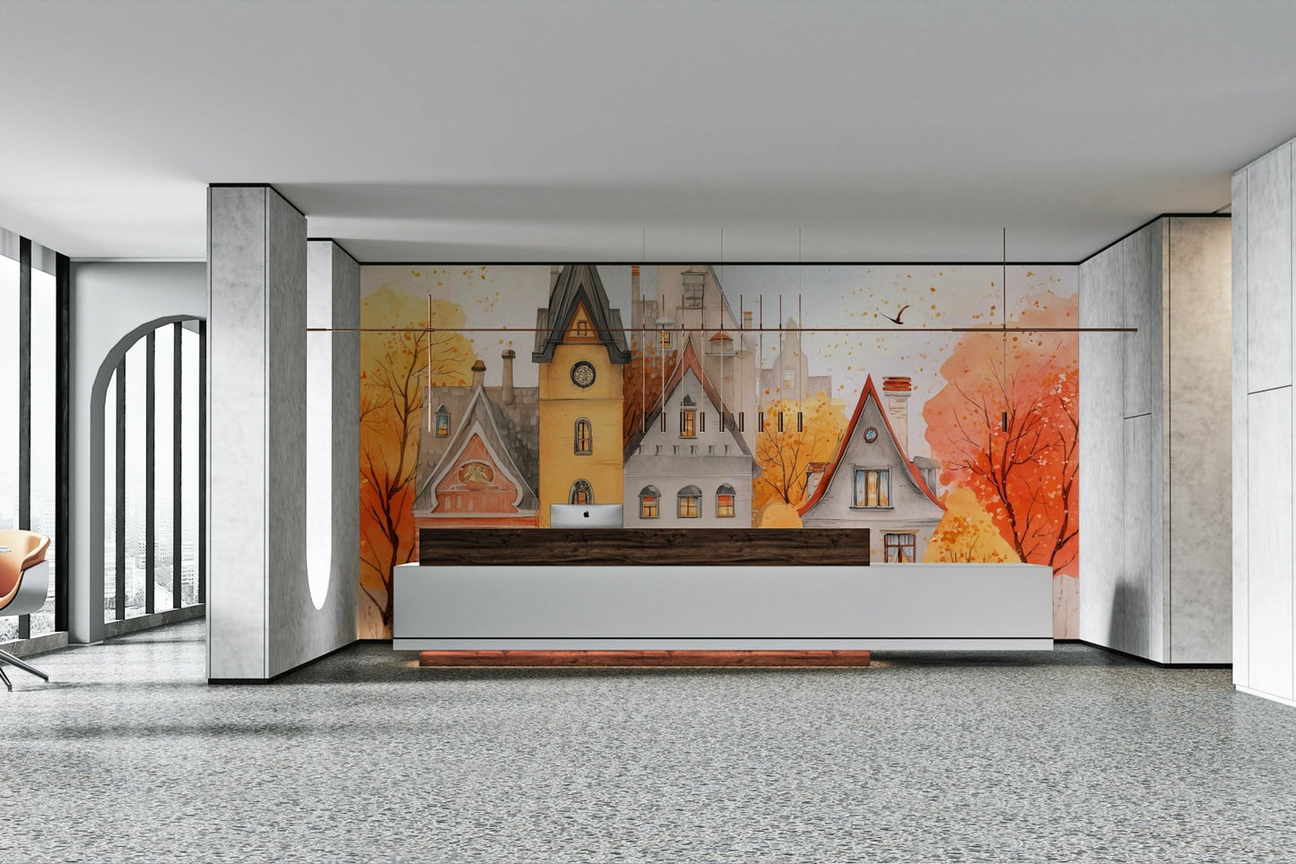 A beautiful cozy town wallpaper mural in watercolor style.

