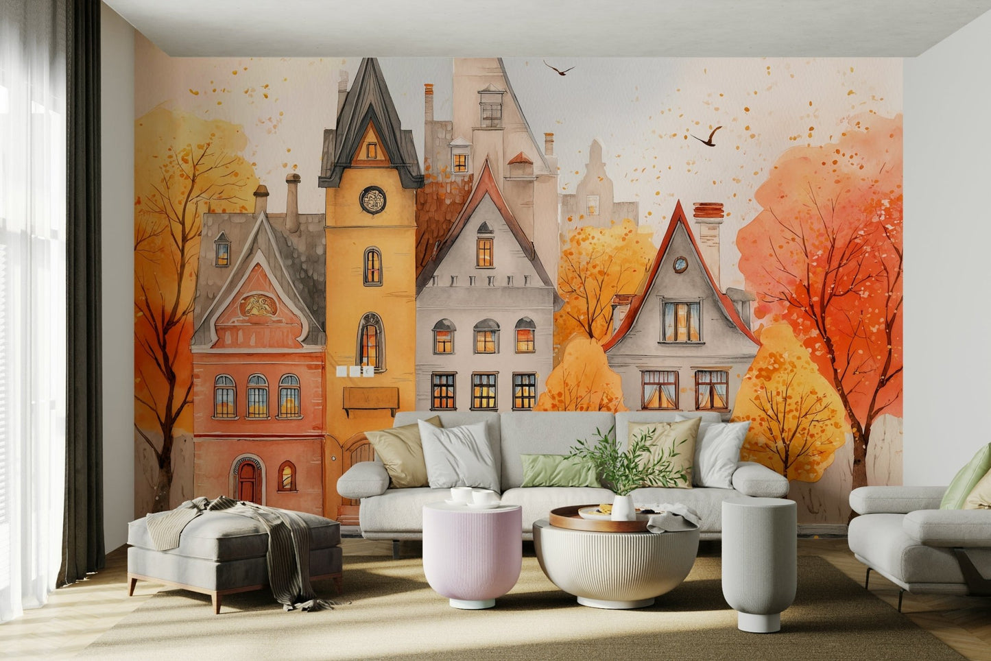 A charming watercolor village mural for stylish wallpaper.

