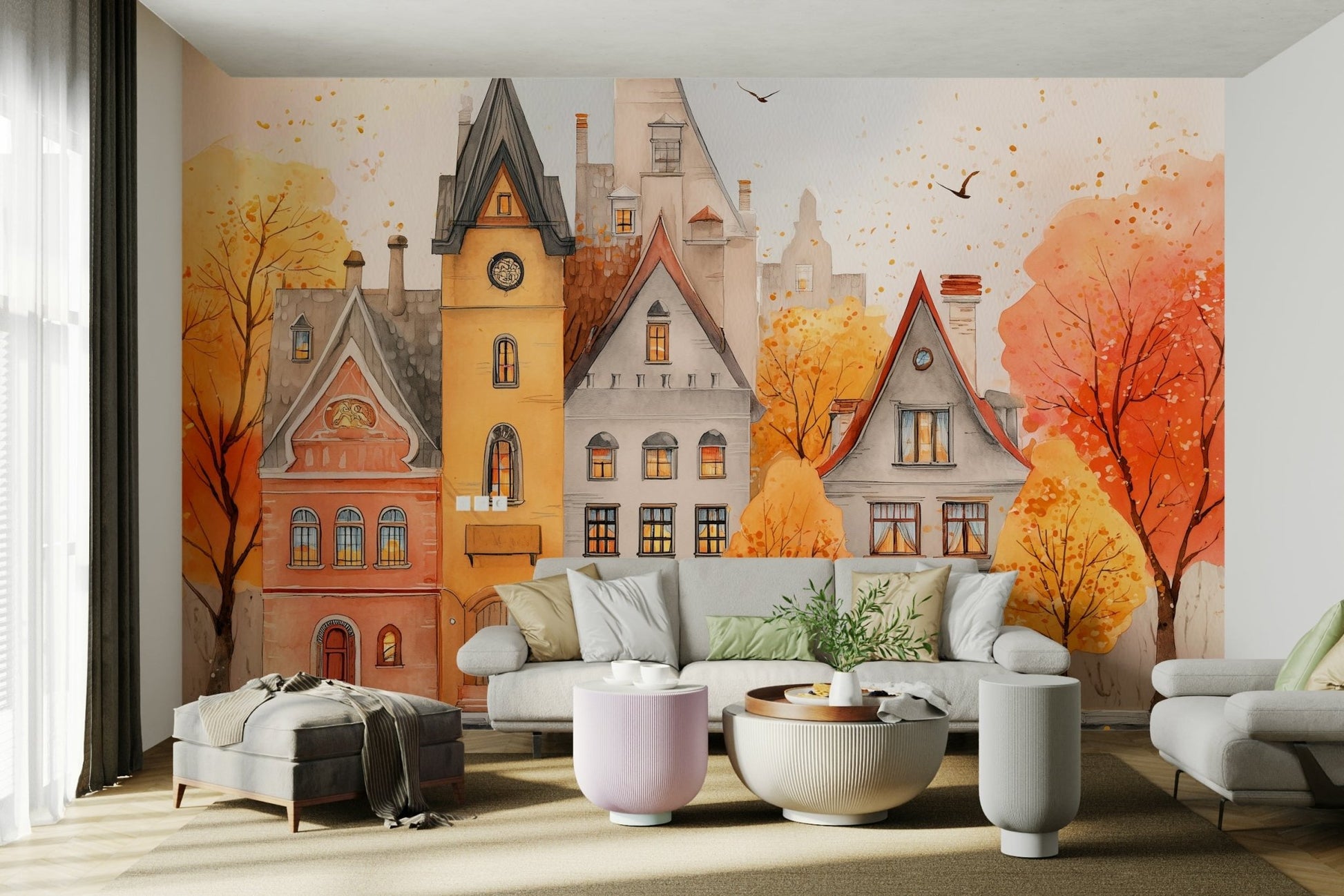 A charming watercolor village mural for stylish wallpaper.


