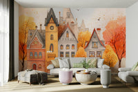 A charming watercolor village mural for stylish wallpaper.

