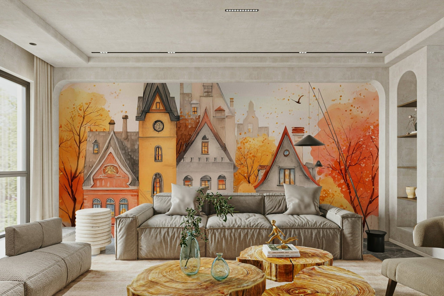 A dramatic landscape wallpaper mural that defines a space.

