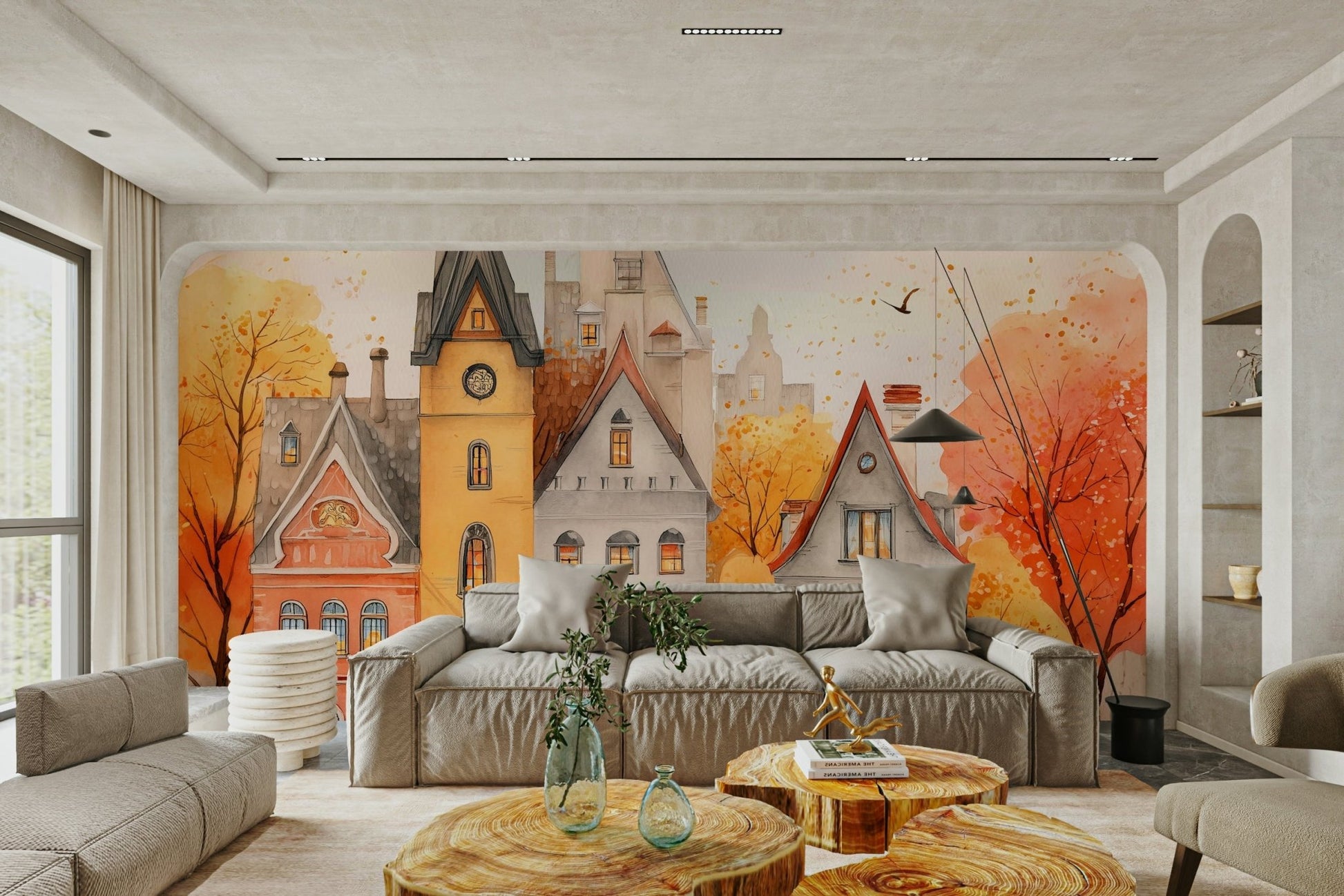 A dramatic landscape wallpaper mural that defines a space.

