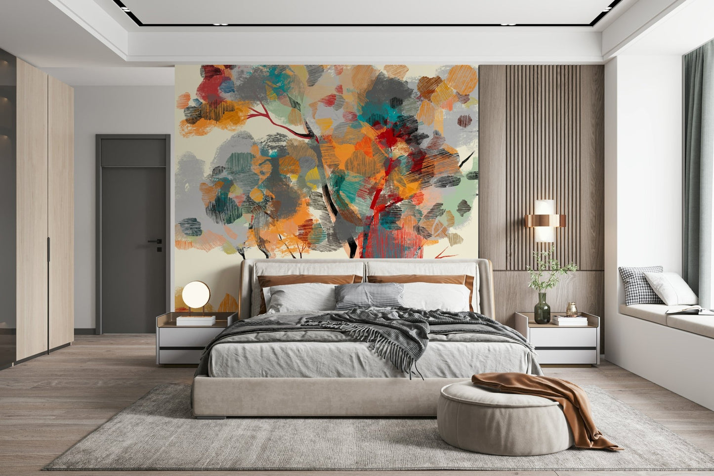 Deciduous park view wallpaper mural for minimalist apartment décor.