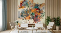 Golden forest landscape wallpaper mural for a living room wall.