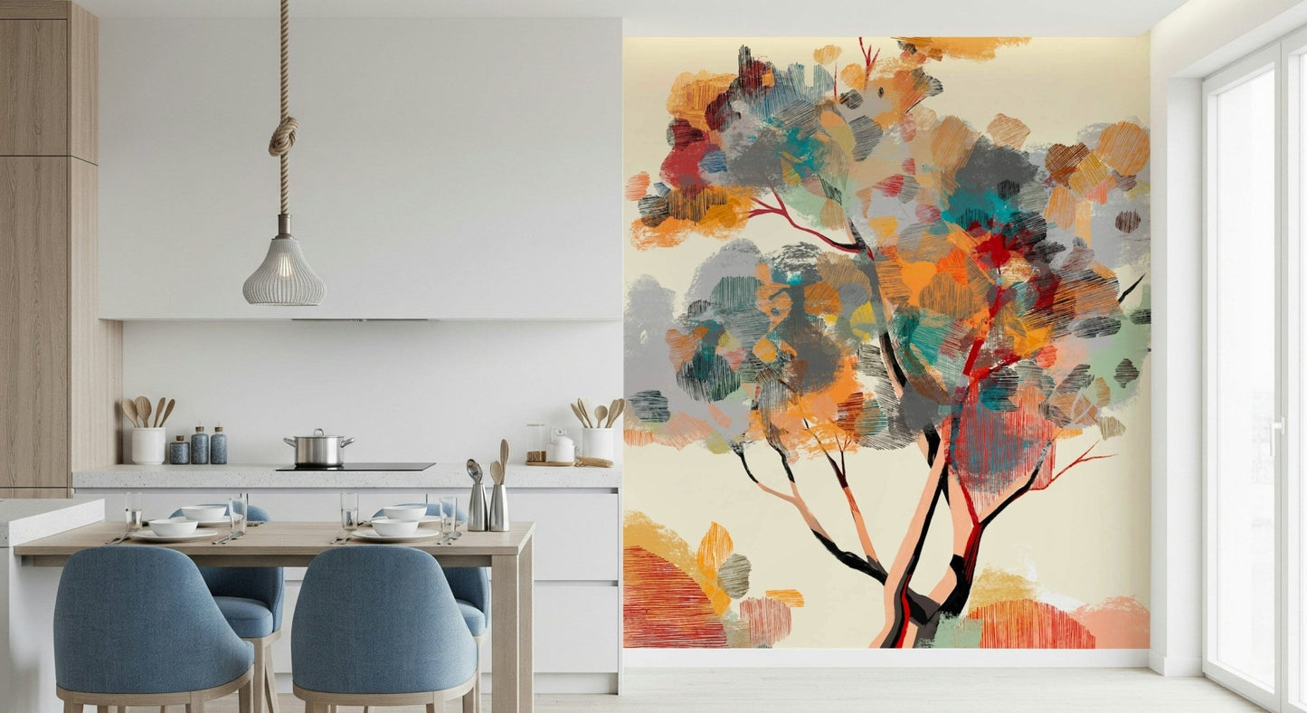 Nature inspired wallpaper mural featuring seasonal fall foliage for home offices.