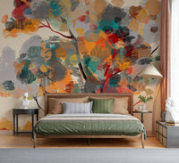 Scenic landscape wallpaper mural with trees and fallen leaves for corridors.