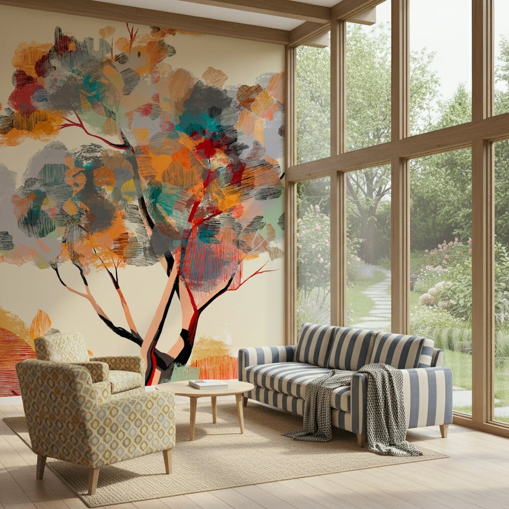 Autumn tree wall mural with orange leaves in a modern bedroom setting.