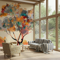 Autumn tree wall mural with orange leaves in a modern bedroom setting.