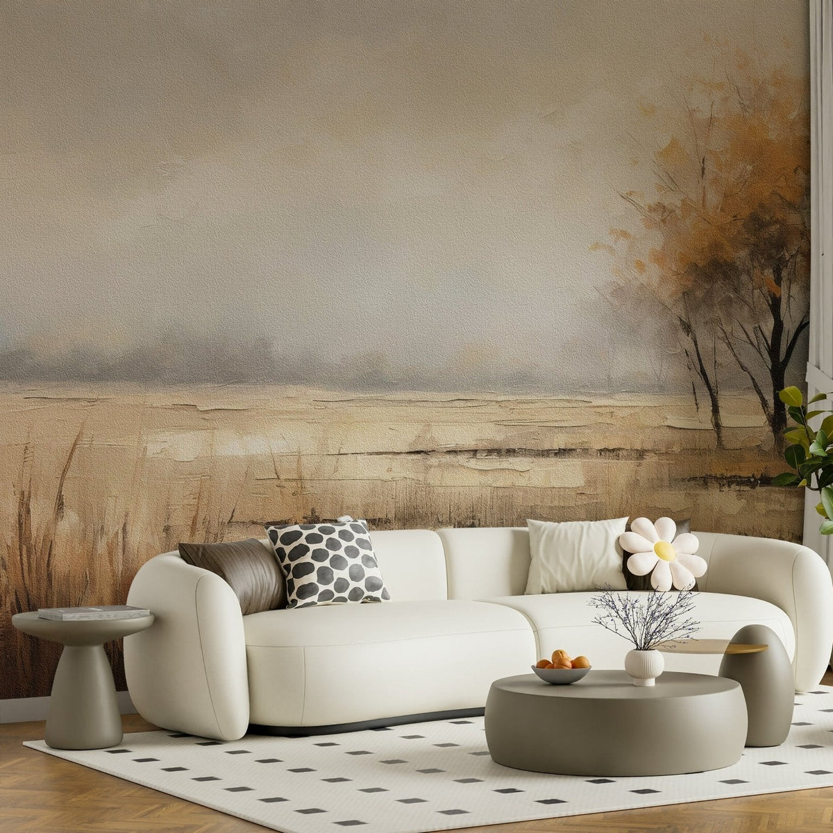 A peaceful open country mural on decorative wallpaper., GD5657