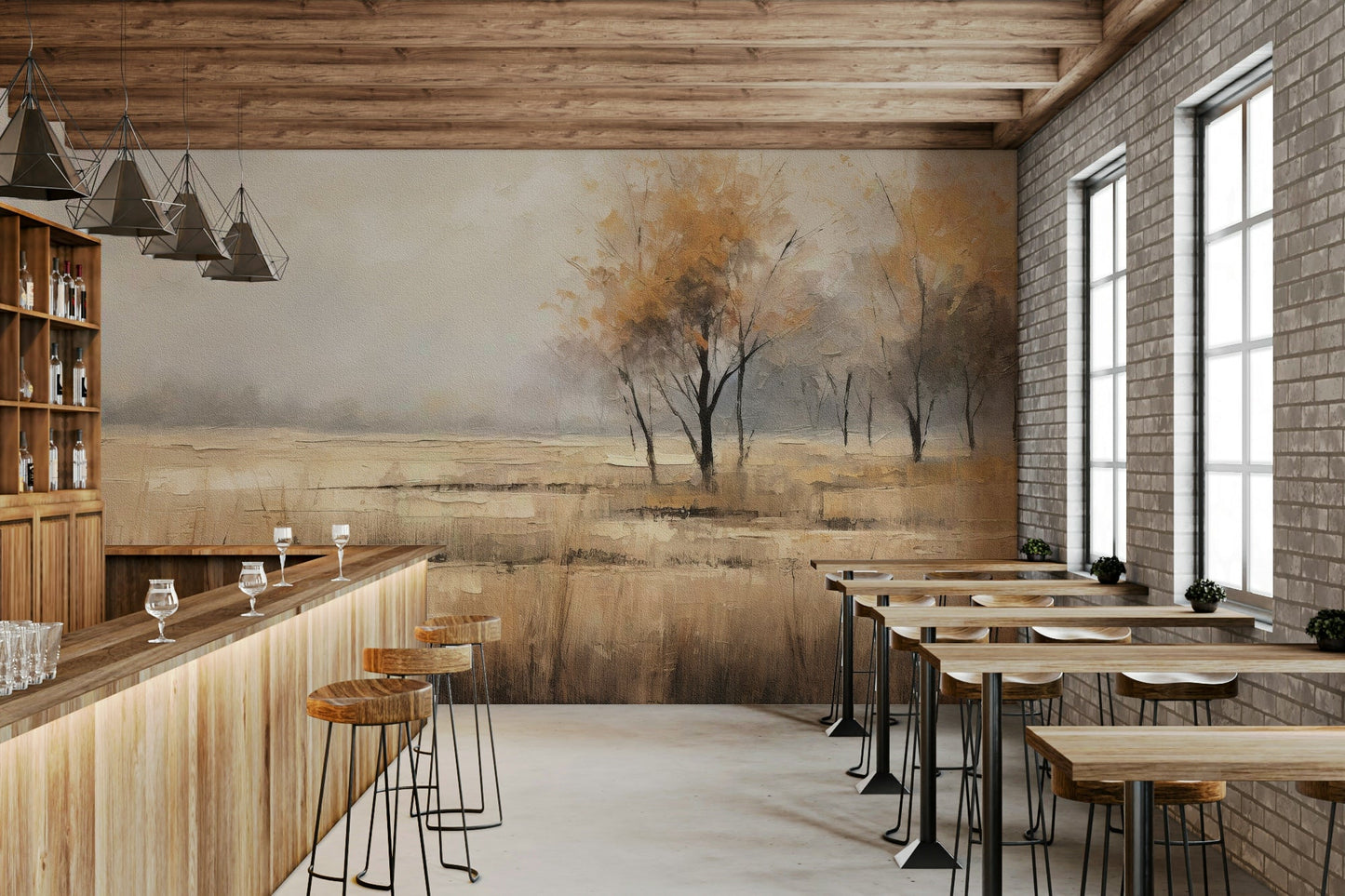 An artistic changing leaves mural on scenic wallpaper., GD5657
